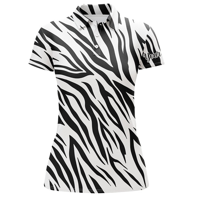 Customized Name Golf Women Polo Shirts, Personalized Black And White Zebra Pattern Golf Polo Shirts - Perfect Gift For Ladies, Golfers, Golf Lovers