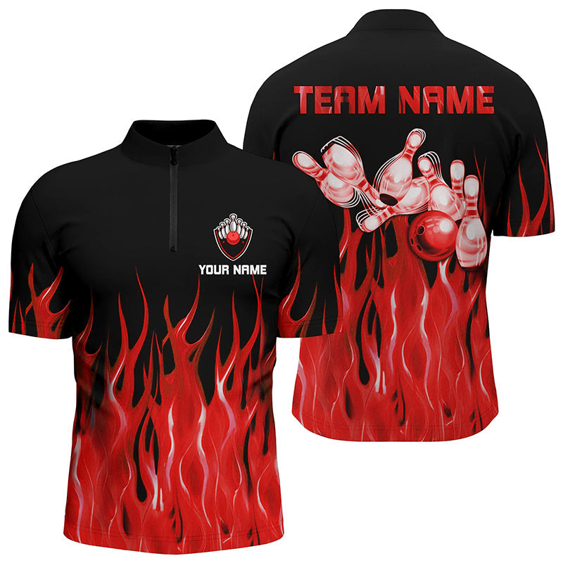 Bowling Customized Jersey Black Shirt Red Long Flame Ball Bowling Tenpin Quarter Zip Shirt, Outfit For Bowlers, Bowling Team