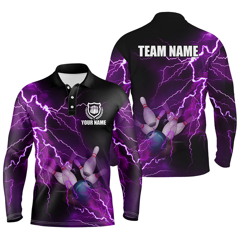 Bowling Customized Jersey Shirt Purple Lightning Thunder Tenpin Bowling Quarter Zip Shirt For Bowlers, Bowling Team