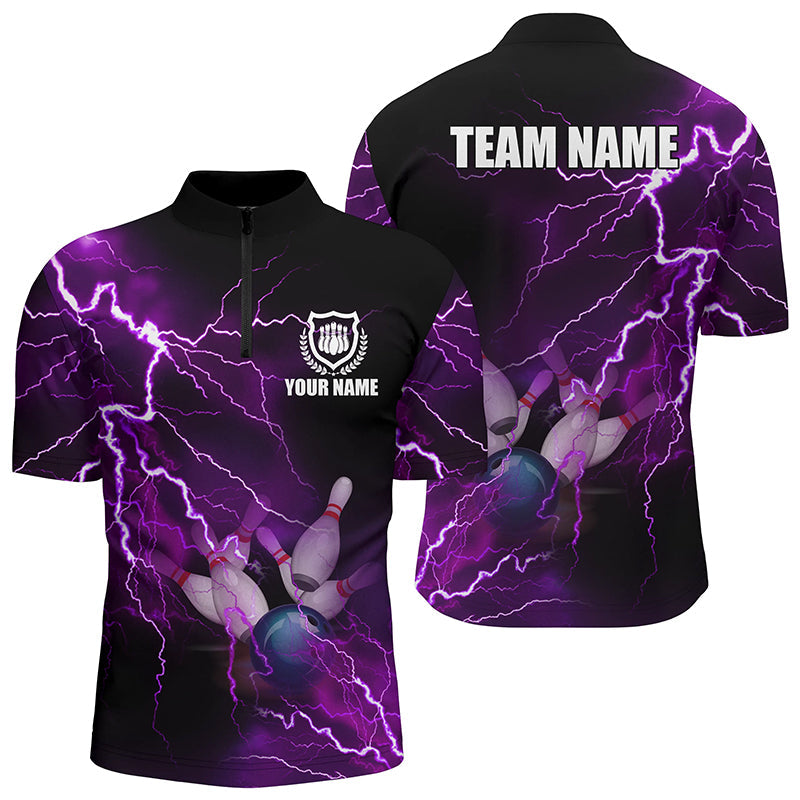 Bowling Customized Jersey Shirt Purple Lightning Thunder Tenpin Bowling Quarter Zip Shirt For Bowlers, Bowling Team