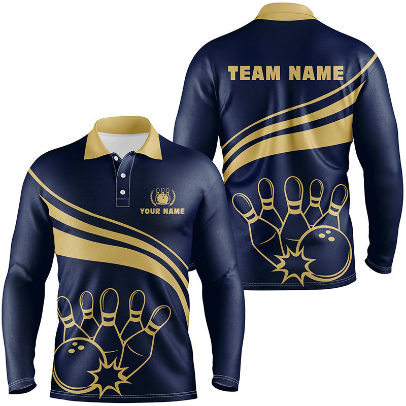 Bowling Customized Jersey Navy Shirt Gold Curve Bowling Tenpin Quarter Zip Shirt, Outfit For Bowlers, Bowling Team