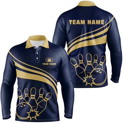 Bowling Customized Jersey Navy Shirt Gold Curve Bowling Tenpin Quarter Zip Shirt, Outfit For Bowlers, Bowling Team