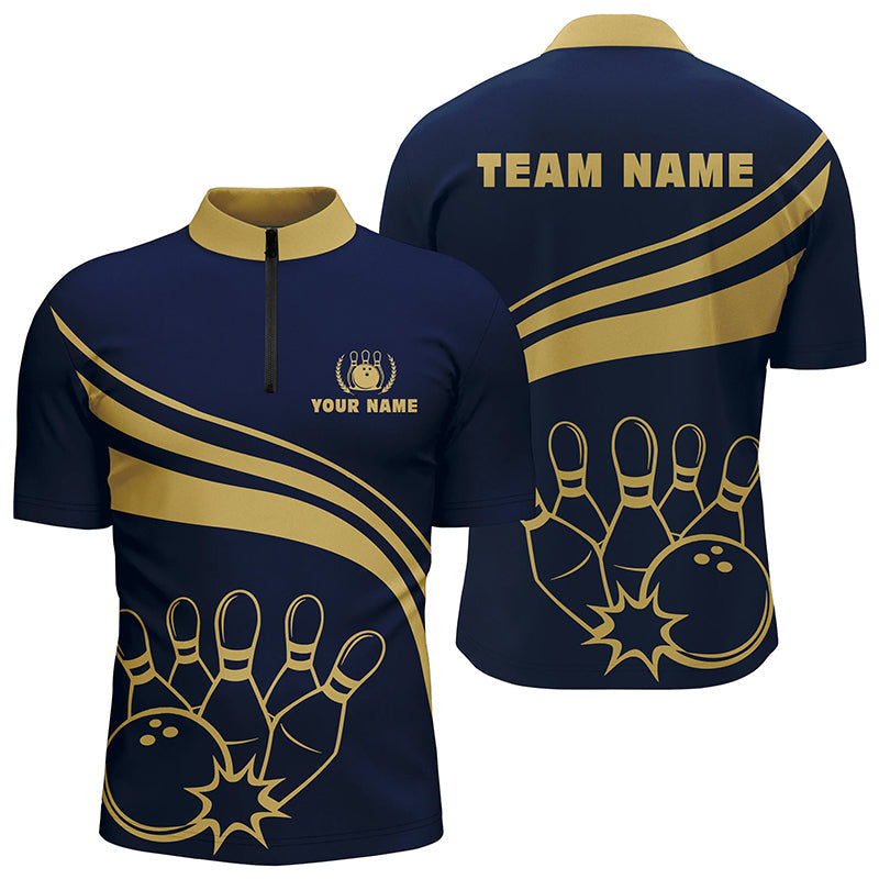 Bowling Customized Jersey Navy Shirt Gold Curve Bowling Tenpin Quarter Zip Shirt, Outfit For Bowlers, Bowling Team