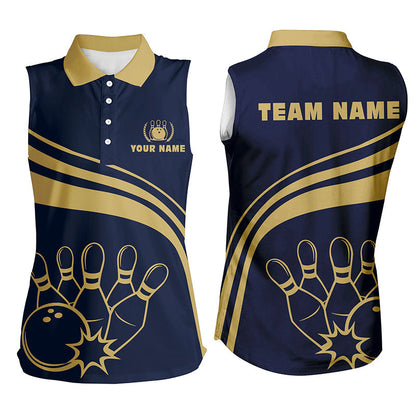 Bowling Customized Jersey Navy Shirt Gold Curve Bowling Tenpin Quarter Zip Shirt, Outfit For Bowlers, Bowling Team