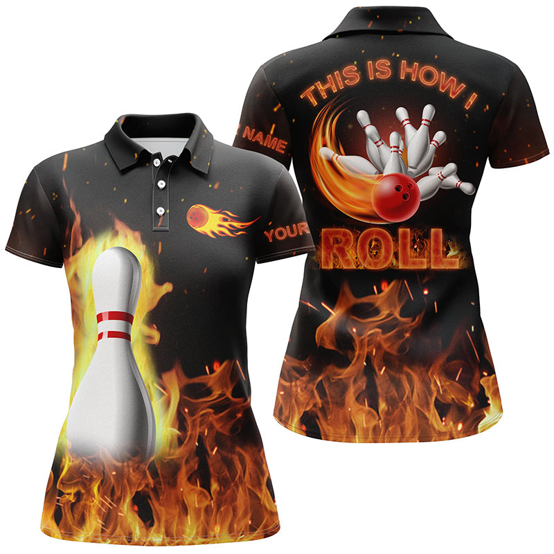 Bowling Custom Name Women Polo Shirt, This Is How I Roll, Black Flame Bowling Personalized Women Polo Shirts, Gift For Bowlers, Team Bowling Jerseys