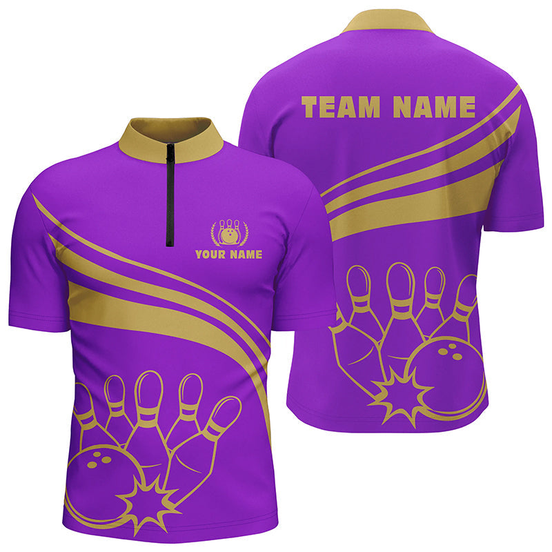 Bowling Customized Jersey Purple Shirt Gold Curve Bowling Tenpin Quarter Zip Shirt, Outfit For Bowlers, Bowling Team