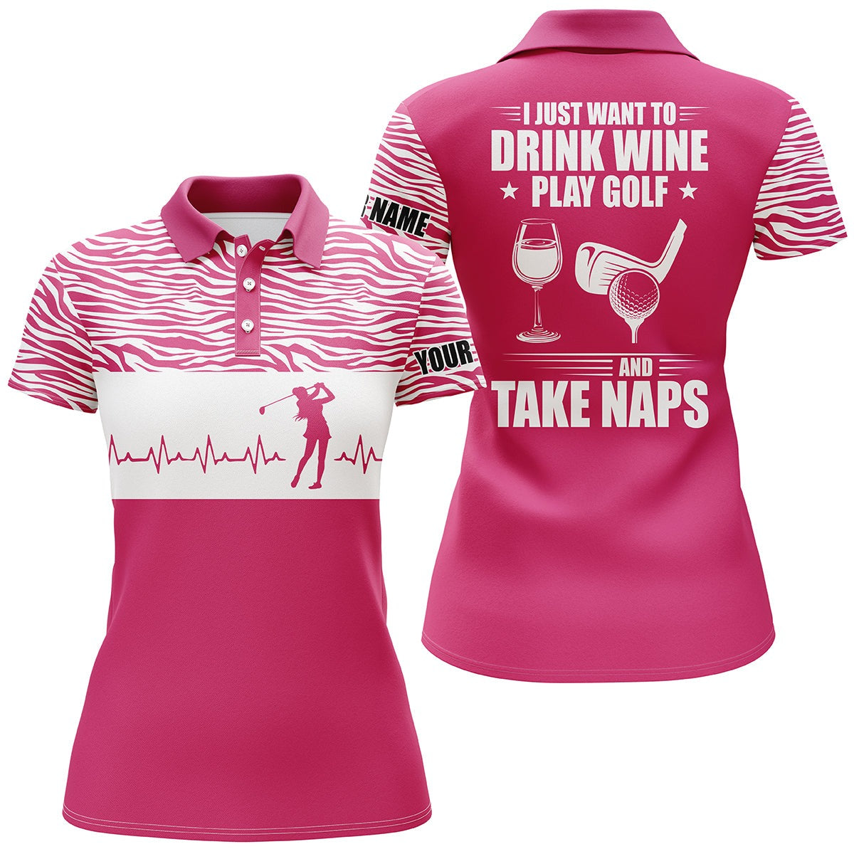 Customized Name Golf Women Polo Shirts, Pink Heartbeat Personalized I Just Want To Drink Wine - Perfect Gift For Ladies, Golfers, Golf Lovers