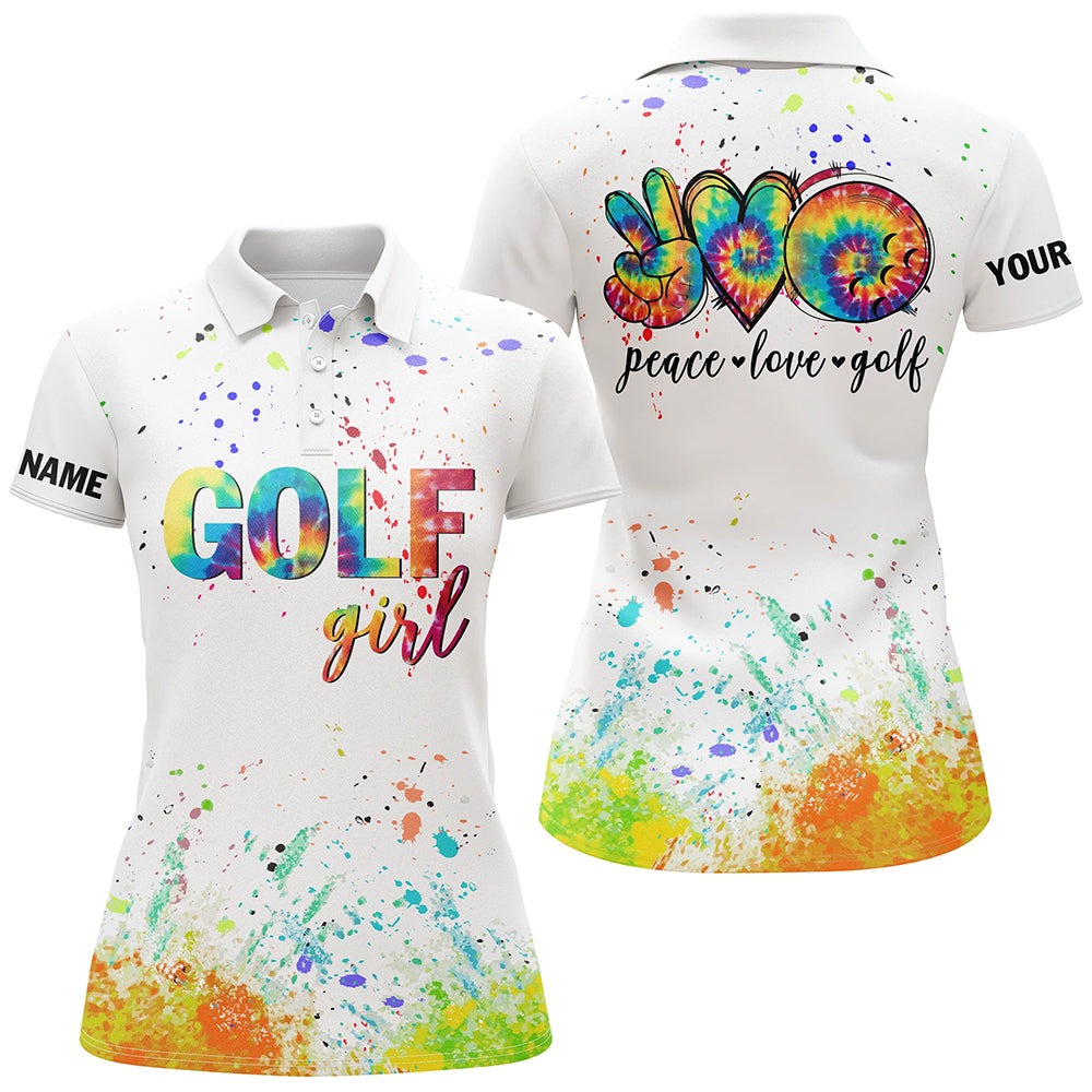 Customized Name Golf Women Polo Shirts, White Shirt Personalized Watercolor Peace Love Golf Polo Shirt - Perfect Gift For Ladies, Golf Lovers, Golfers