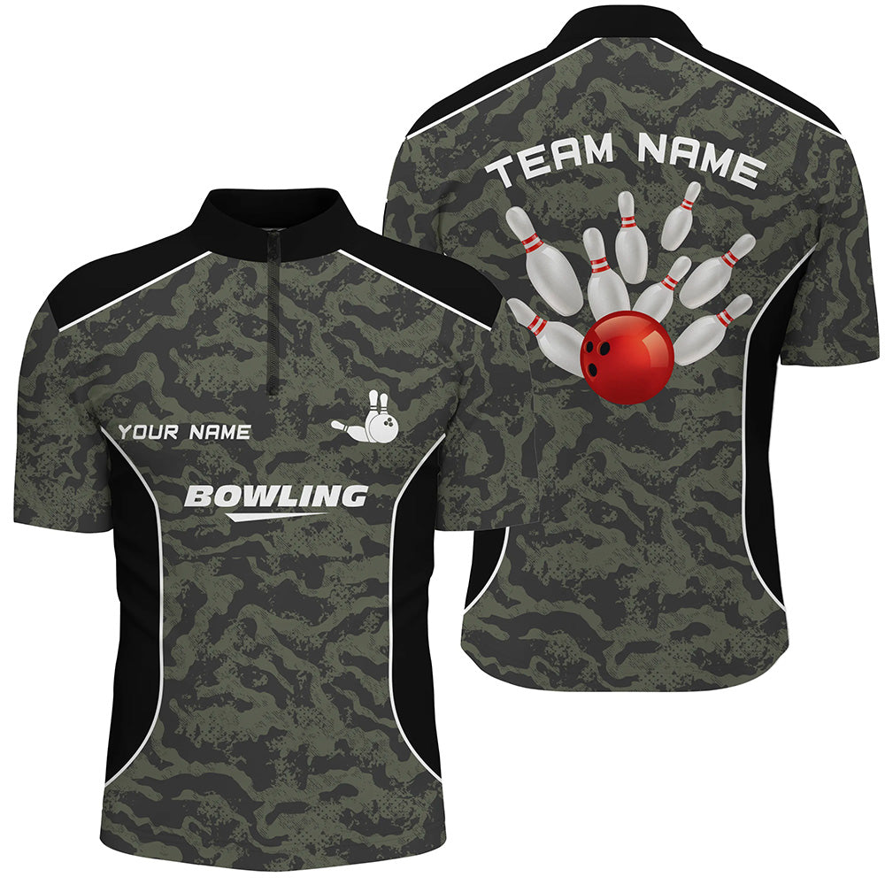 Bowling Customized Jersey Shirt, Black Camo Pattern Personalized Quarter Zip Bowling Shirt For Bowlers, Bowling Team