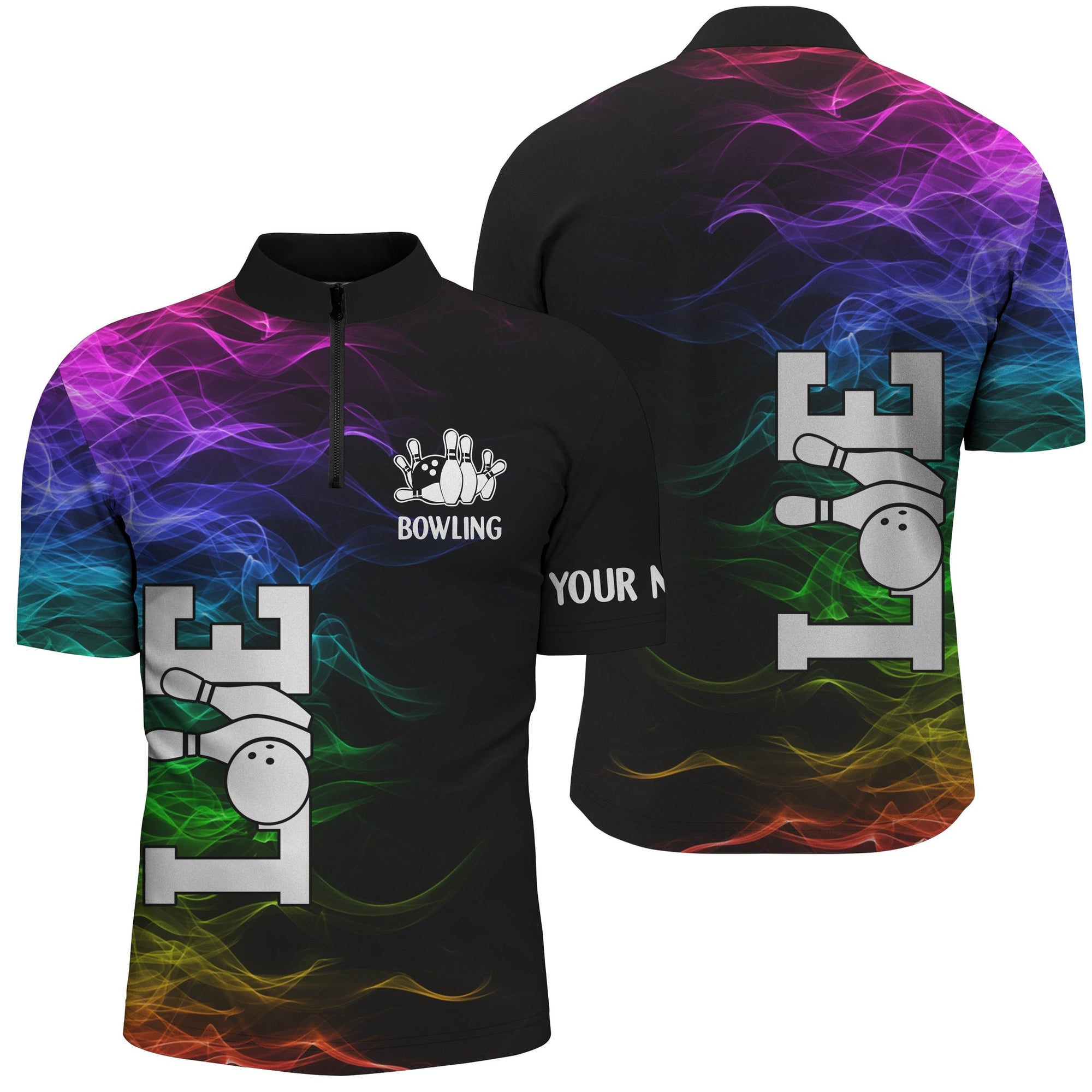 Bowling Customized Jersey Black Shirt Colorful Smoke Love Bowling Tenpin Quarter Zip Shirt For Bowlers, Bowling Team