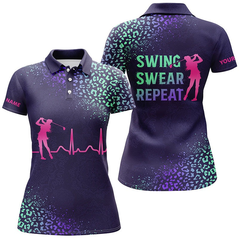 Customized Name Golf Women Polo Shirts, Personalized Golf Heartbeat Swing Swear Repeat Purple Gradient Leopard - Perfect Gift For Golfers, Golf Lovers