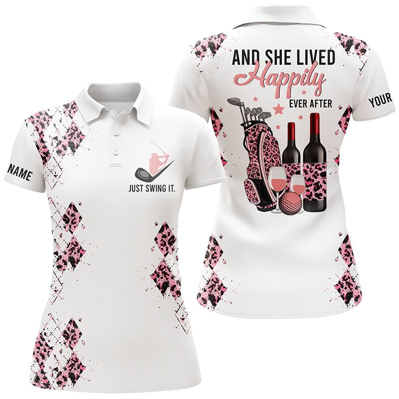 Customized Name Golf Women Polo Shirts, Pink Leopard Pattern Personalized Golf And Wine And She Lived Happily - Perfect Gift For Golfers, Golf Lovers