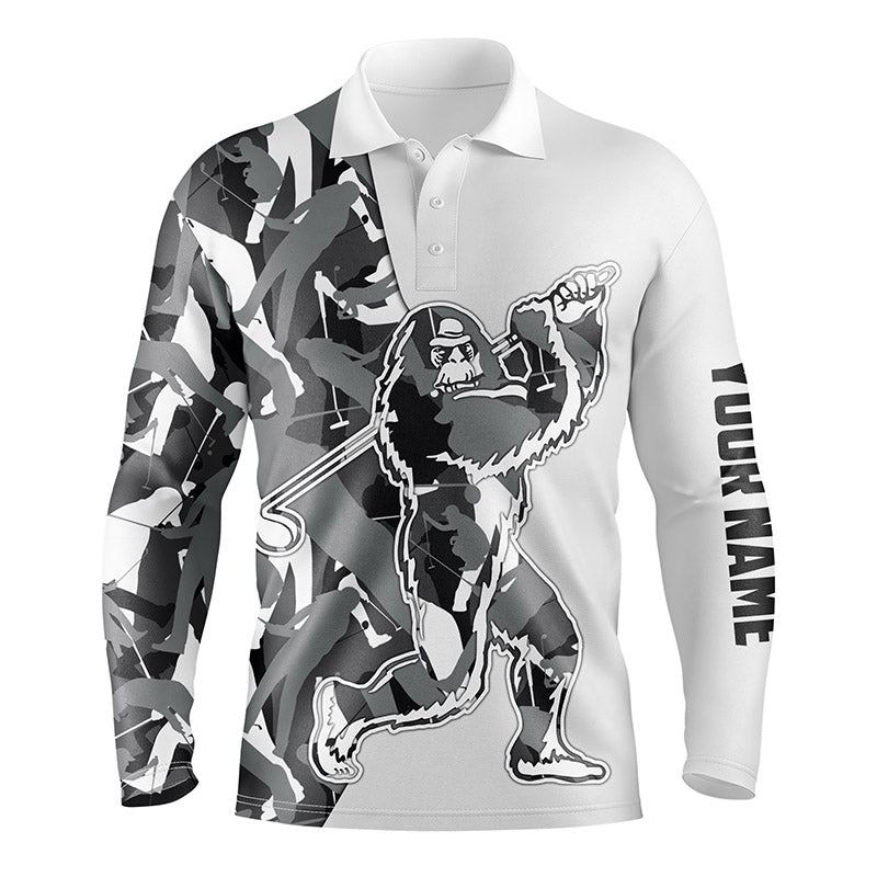 Custom Golf Long Sleeve Men Polo Shirt-Custom Gray Camo Pattern Sasquatch Playing Golf Apparel Men Polo Shirt For Men, Golf Lover