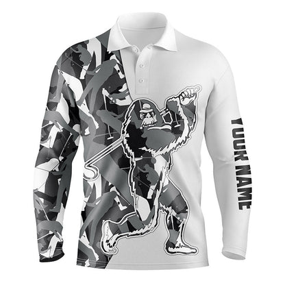 Custom Golf Long Sleeve Men Polo Shirt-Custom Gray Camo Pattern Sasquatch Playing Golf Apparel Men Polo Shirt For Men, Golf Lover
