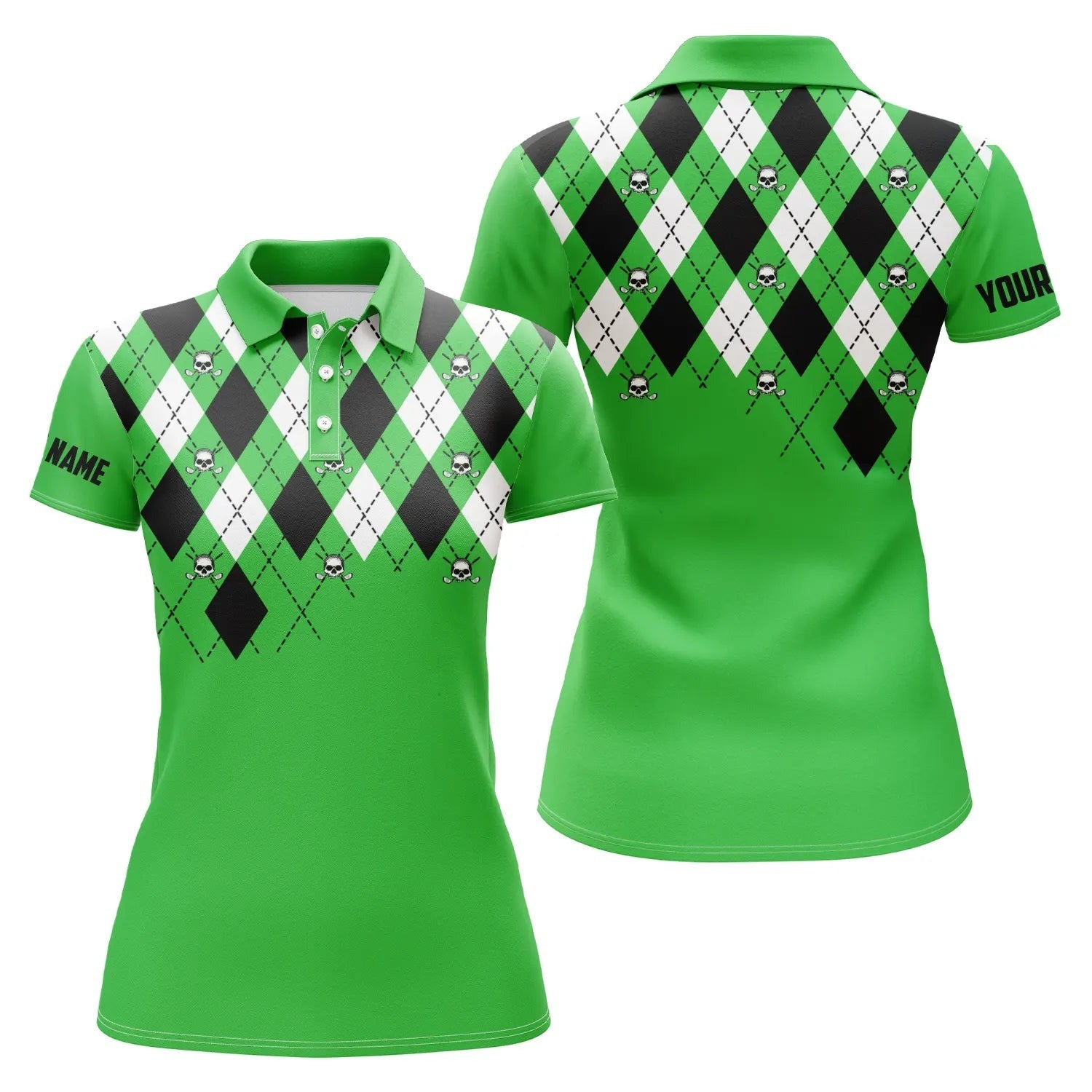 Customized Name Golf Women Polo Shirt, Personalized Green Argyle Plaid Golf Skull Pattern - Perfect Polo Shirt For Ladies, Golf Lovers, Golfers