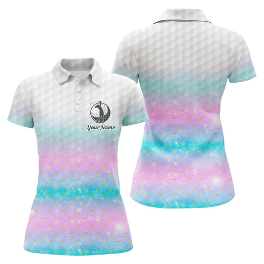 Customized Name Golf Women Polo Shirt, Personalized Rainbow Mermaid Scales Pattern Golf Shirts - Perfect Gift For Ladies, Golf Lovers, Golfers