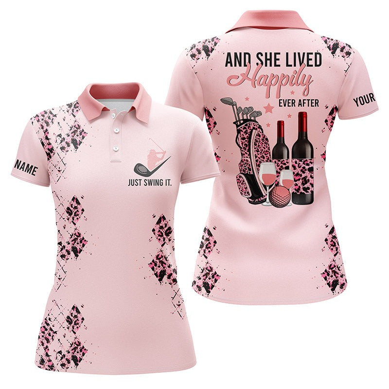 Customized Name Golf Women Polo Shirts, Pink Leopard Pattern Personalized Golf And Wine And She Lived Happily - Perfect Gift For Golfers, Golf Lovers