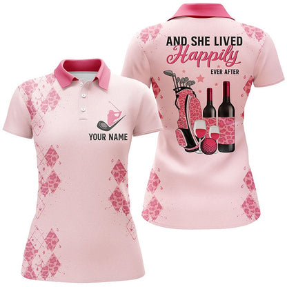 Customized Name Golf Women Polo Shirts, Pink Leopard Pattern Personalized Golf And Wine And She Lived Happily - Perfect Gift For Golfers, Golf Lovers
