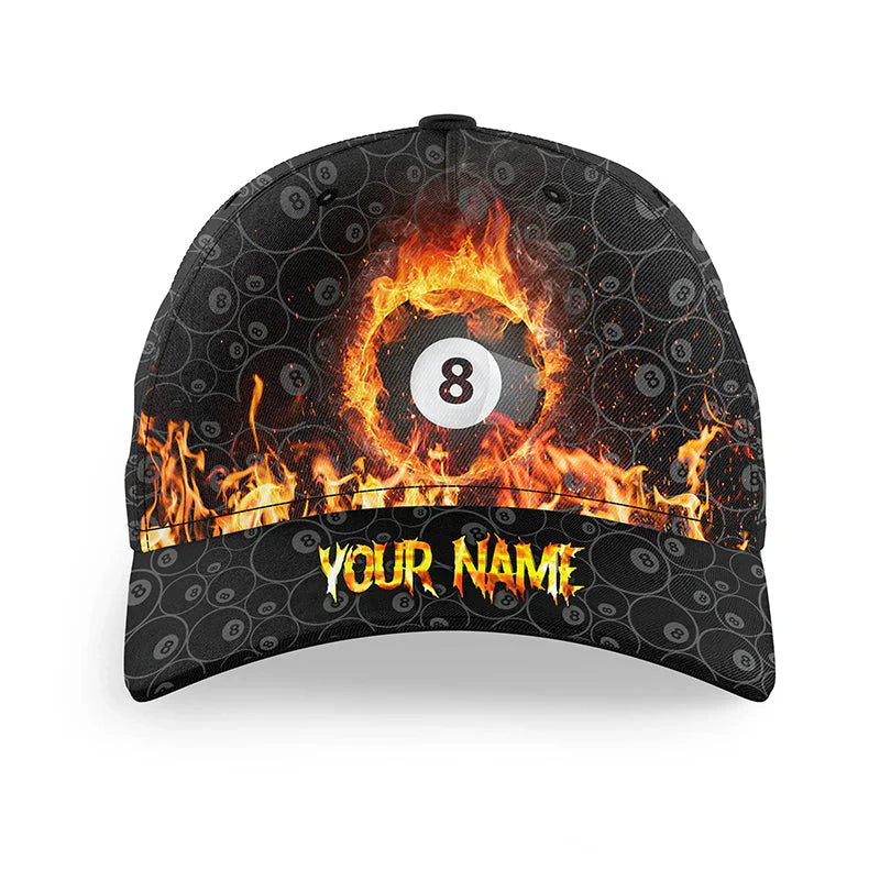 Customized Billiard Cap, Billiard Pool Flame 8 Ball Pool Baseball Personalized Name 3D Hats, Best Billiard Pool Hat For Billiard Players