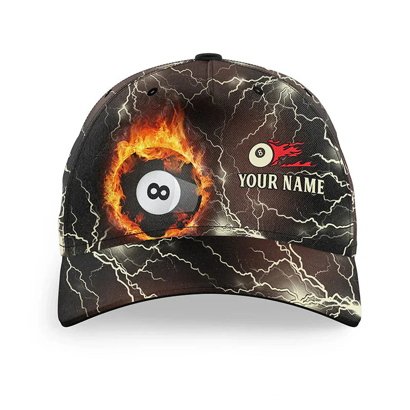Customized Billiard Cap, Billiard Pool Ball 8 Fire Flame Lightning Personalized Name 3D Hats, Best Billiard Pool Hat For Billiard Players