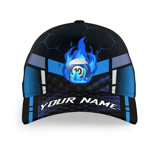Customized Billiard Cap, Billiard Pool Flame Blue 10 Ball Pool Personalized Name 3D Hats, Best Billiard Pool Hat For Billiard Players