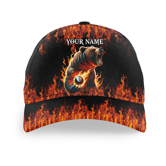 Customized Billiard Cap, Billiard Pool Funny Bear 8 Ball Pool Fire Flame Personalized Name 3D Hats, Best Billiard Pool Hat For Billiard Players