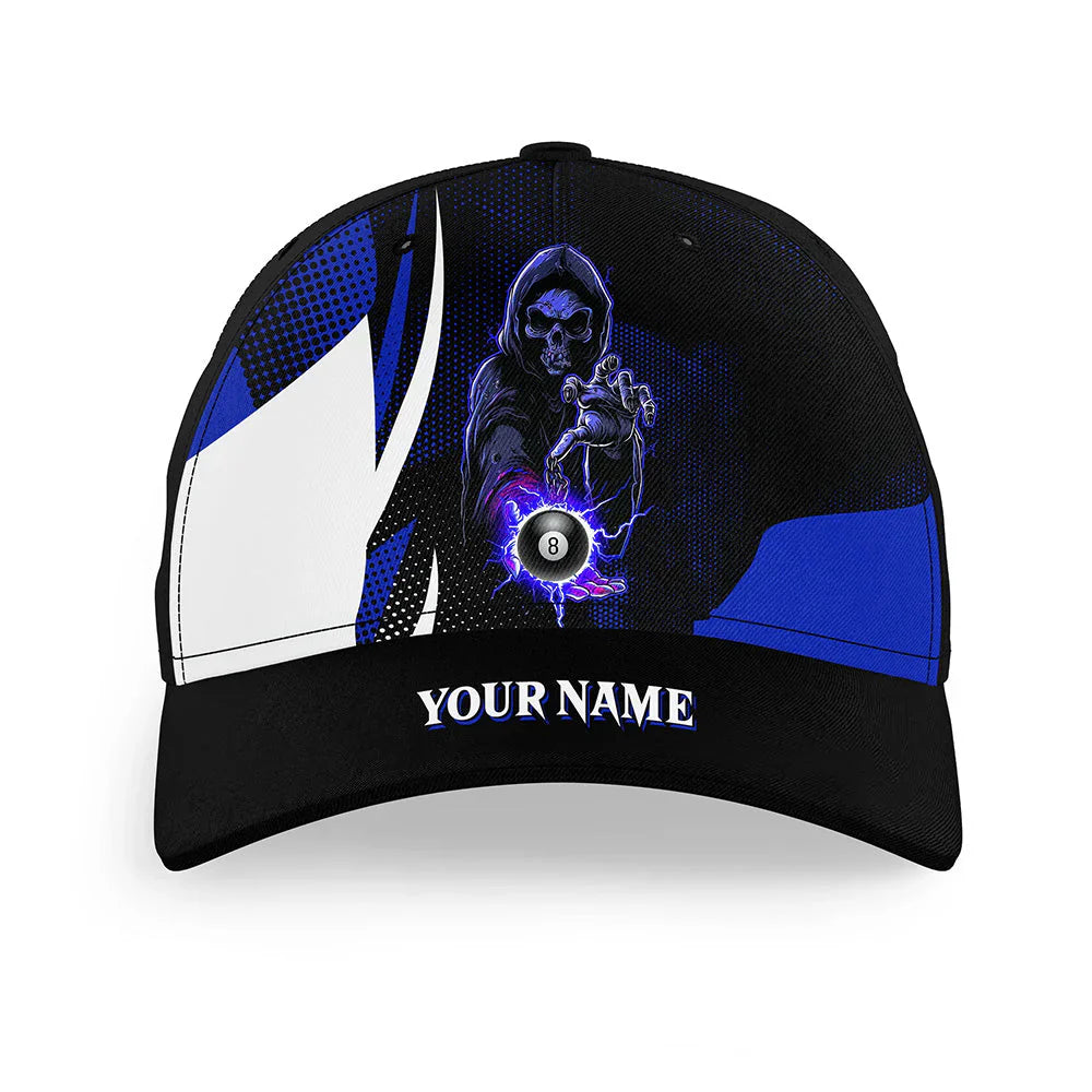 Customized Billiard Cap, Billiard Pool Blue Death Skeleton 8 Ball Personalized Name 3D Hats, Best Billiard Pool Hat For Billiard Players