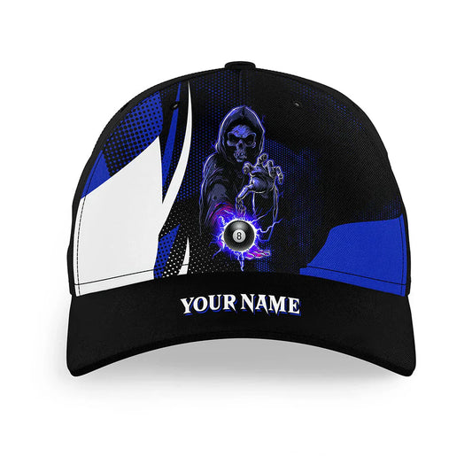 Customized Billiard Cap, Billiard Pool Blue Death Skeleton 8 Ball Personalized Name 3D Hats, Best Billiard Pool Hat For Billiard Players