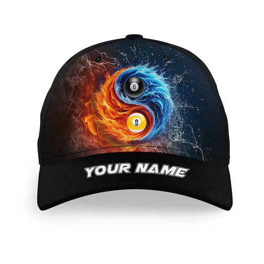 Customized Billiard Cap, Billiard Pool 8 Ball & 9 Ball Water And Fire Personalized Name 3D Hats, Best Billiard Pool Hat For Billiard Players