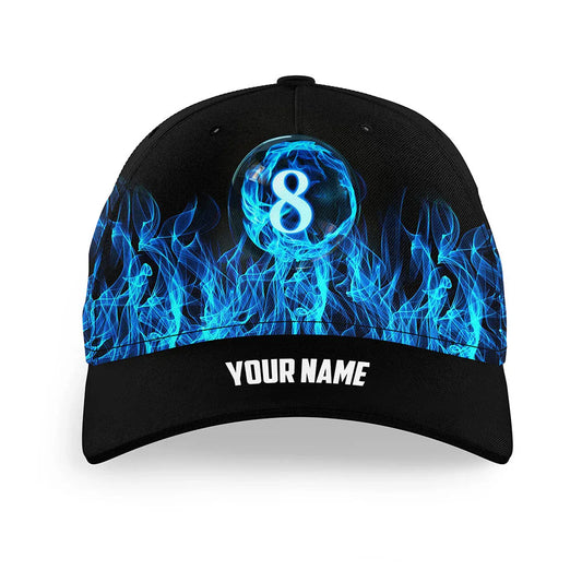 Customized Billiard Cap, Billiard Pool Blue Flaming 8 Ball Pool Personalized Name 3D Hats, Best Billiard Pool Hat For Billiard Players