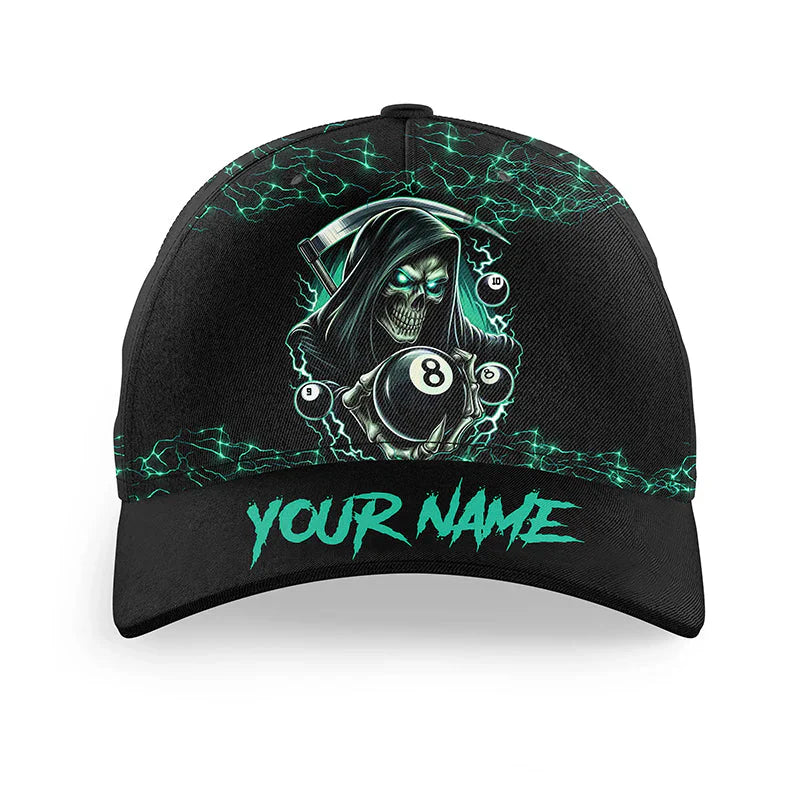 Customized Billiard 8 Ball Pool Turquoise Death Skeleton Classic Cap, Perfect Hat Cap For Billiard Players, Billiard Team