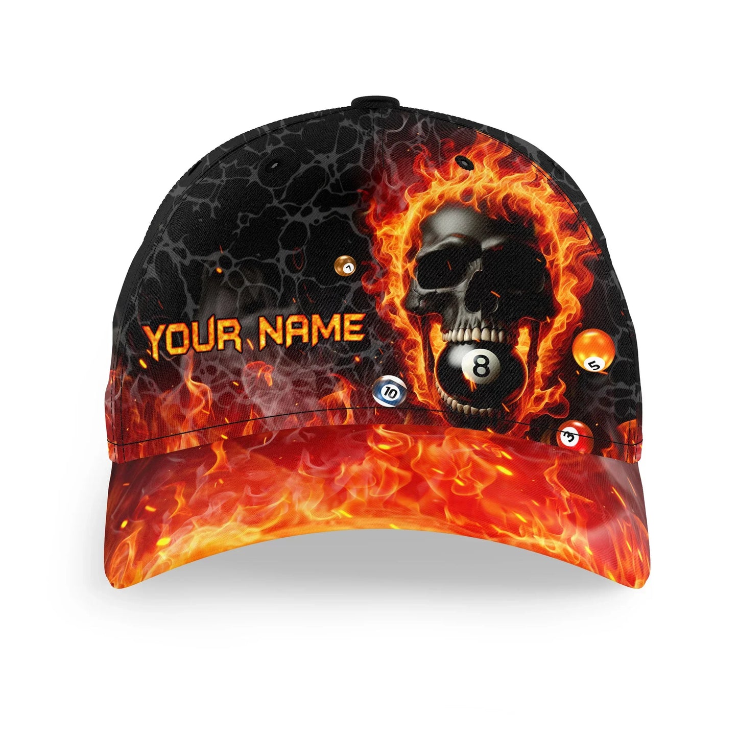 Customized Billiard Cap, Billiard Pool 8 Ball Flame Skull Fire Personalized Name 3D Hats, Best Billiard Pool Hat For Billiard Players