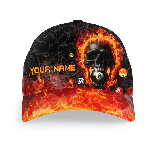 Customized Billiard Cap, Billiard Pool 8 Ball Flame Skull Fire Personalized Name 3D Hats, Best Billiard Pool Hat For Billiard Players