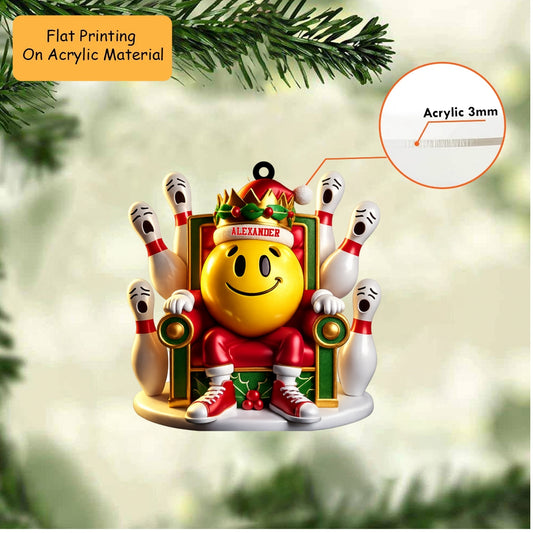 Personalized Bowling Christmas Ornament, Smiley King On Throne Scared Pins, Custom Ornament Christmas Gift, Keychain Bowling, Car Ornament Bowling