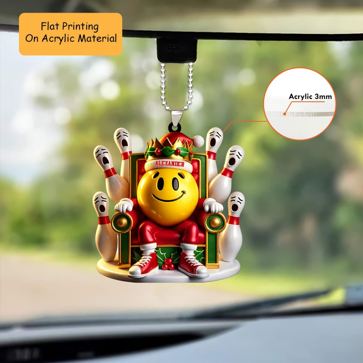 Personalized Bowling Christmas Ornament, Smiley King On Throne Scared Pins, Custom Ornament Christmas Gift, Keychain Bowling, Car Ornament Bowling