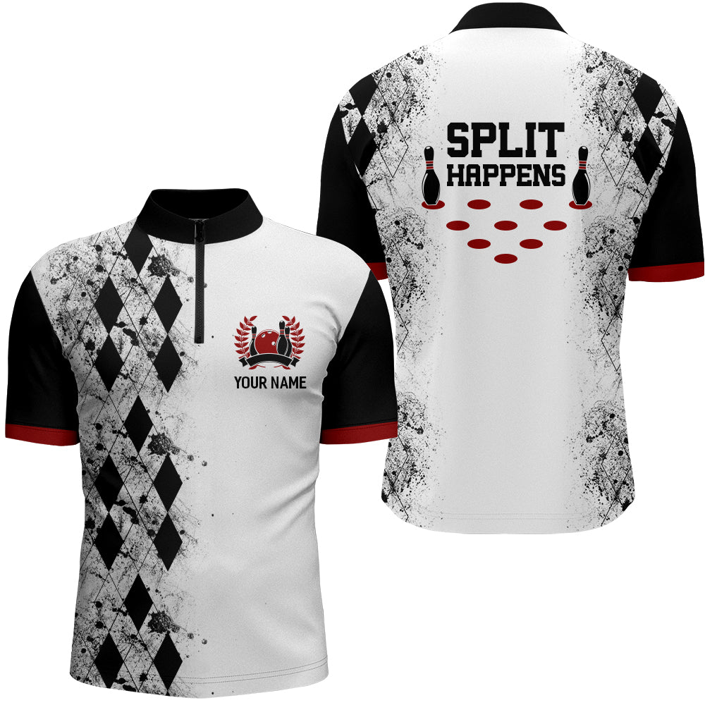 Bowling Custom Jersey Shirt Split Happens, White Black Argyle Pattern Quarter Zip Bowling Shirt For Bowlers, Bowling Team