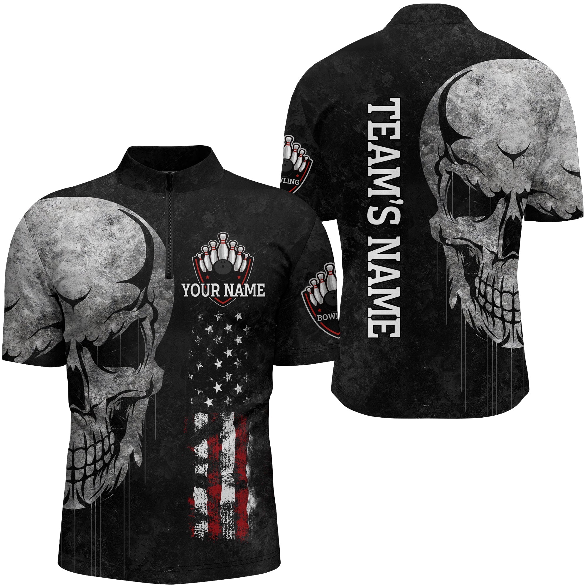 Bowling Custom Jersey Shirt Skull And American Flag Black Quarter Zip Bowling Shirt For Bowlers, Bowling Team