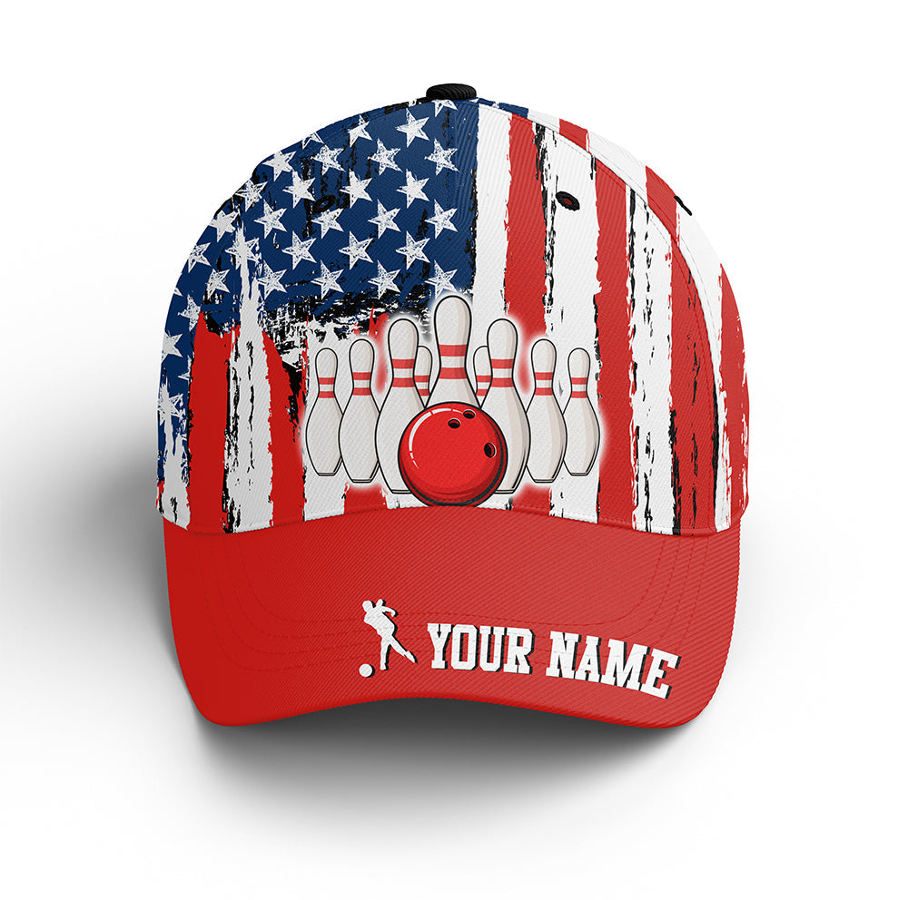 Customized Bowling Red Classic Cap, American Flag Tenpin Bowling Hat For Men Women, Bowlers, Team League