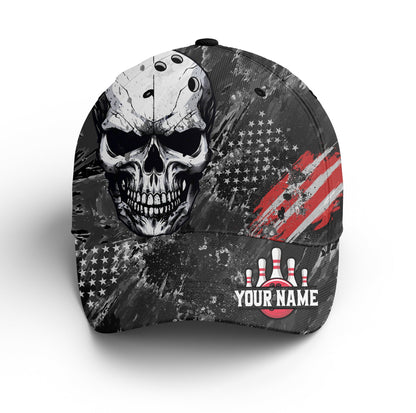 Customized Bowling Classic Cap, American Flag Skull Tenpin Bowling Hat For Men Women, Bowlers, Team League