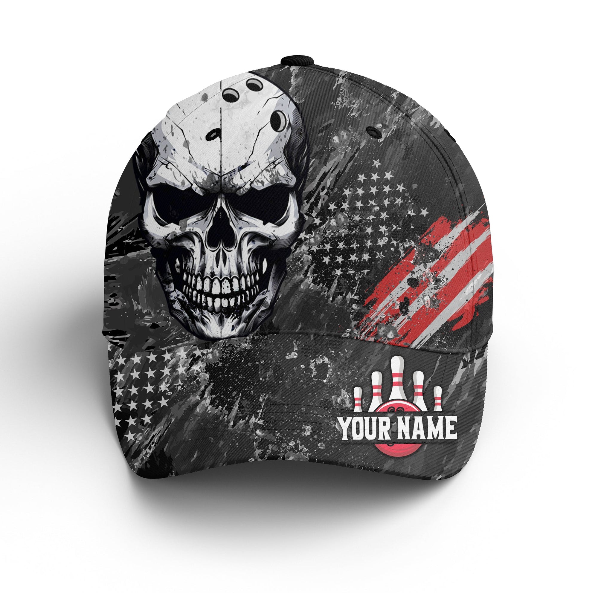 Customized Bowling Classic Cap, American Flag Skull Tenpin Bowling Hat For Men Women, Bowlers, Team League