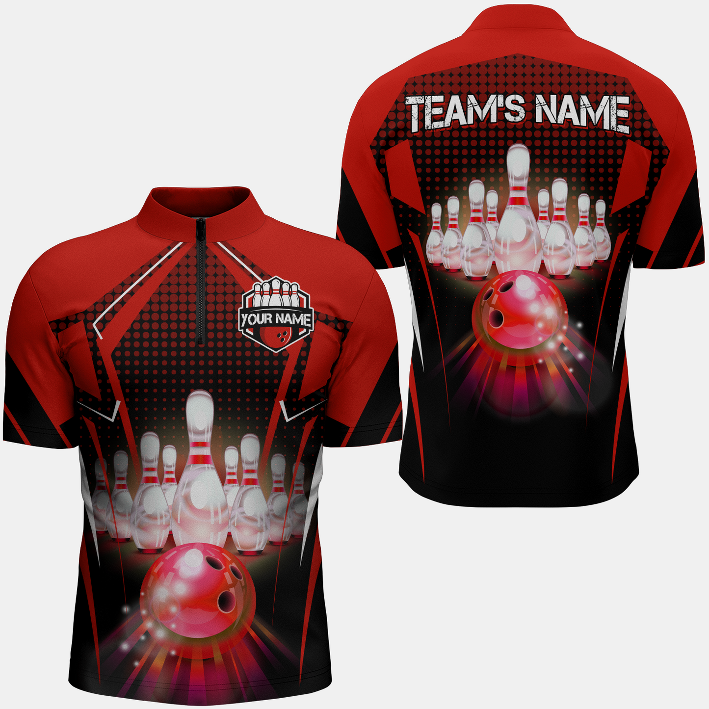 Bowling Customized Jersey Red Shirt, Esport Pattern Roll Bowling Tenpin Quarter Zip Shirt For Bowlers, Bowling Team