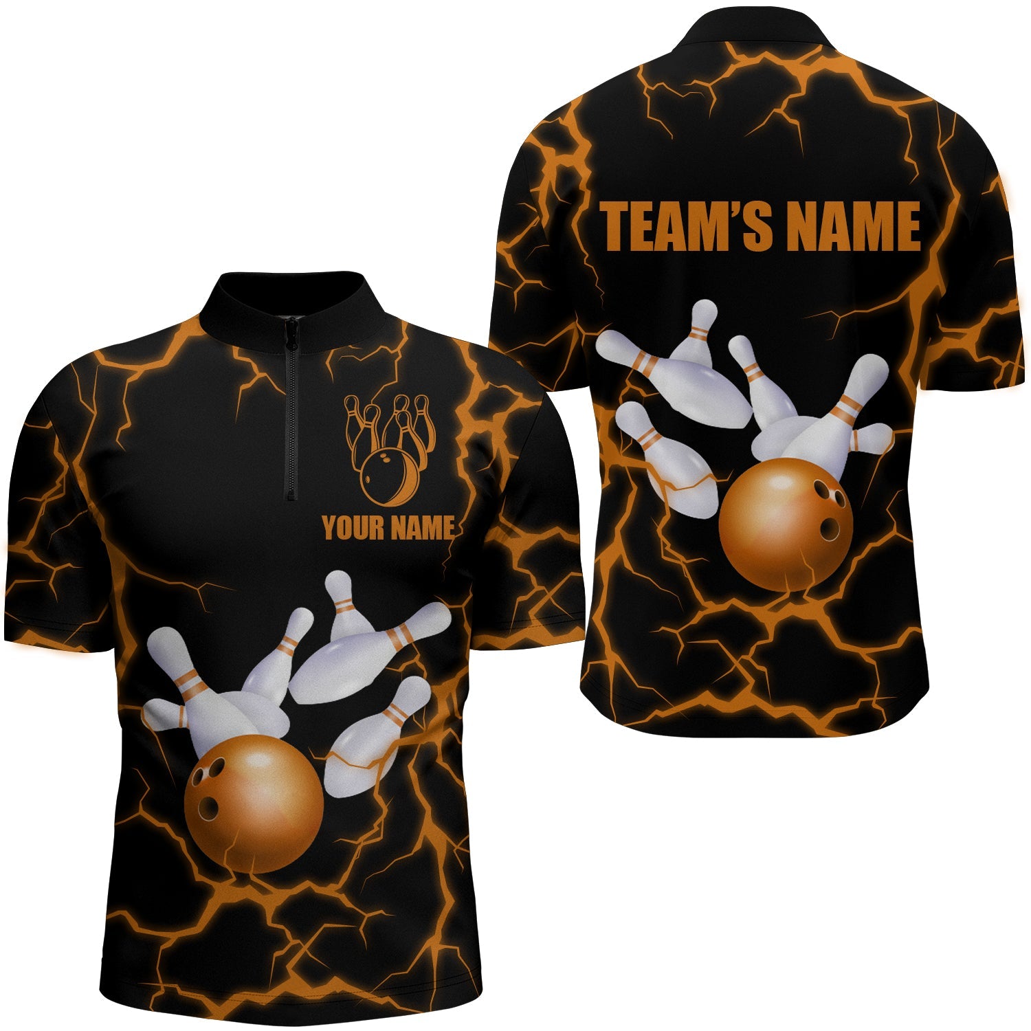 Bowling Customized Jersey Black Shirt, Orange Thunder Lightning Bowling Quarter Zip Shirt For Bowlers, Bowling Team