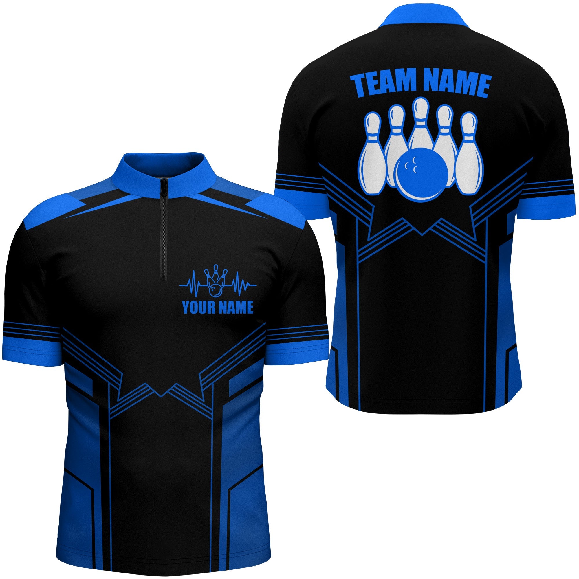 Bowling Customized Blue Jersey Shirt, Heartbeat Bowling Tenpin Quarter Zip Shirt, Outfit For Bowlers, Bowling Team