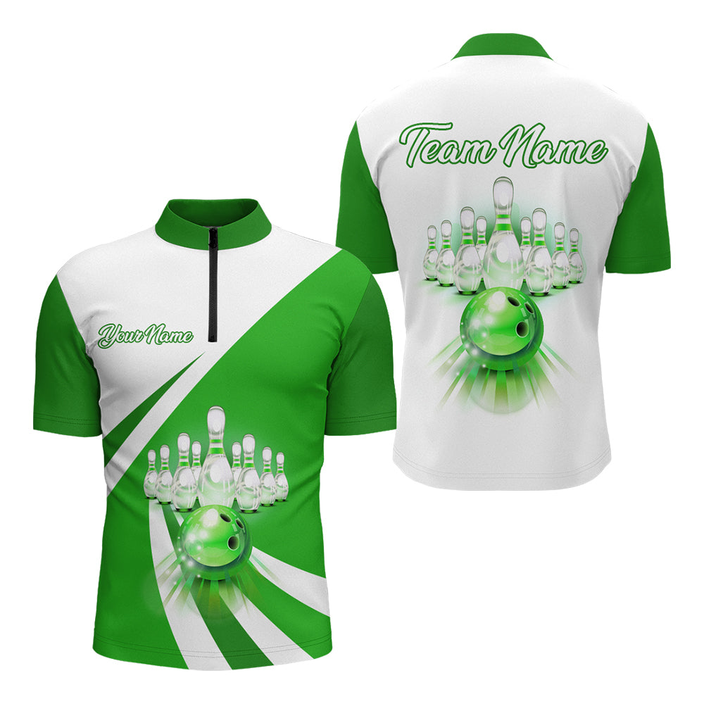 Bowling Customized Jersey White Green Shirt Rolling Bowling Tenpin Quarter Zip Shirt, Outfit For Bowlers, Bowling Team