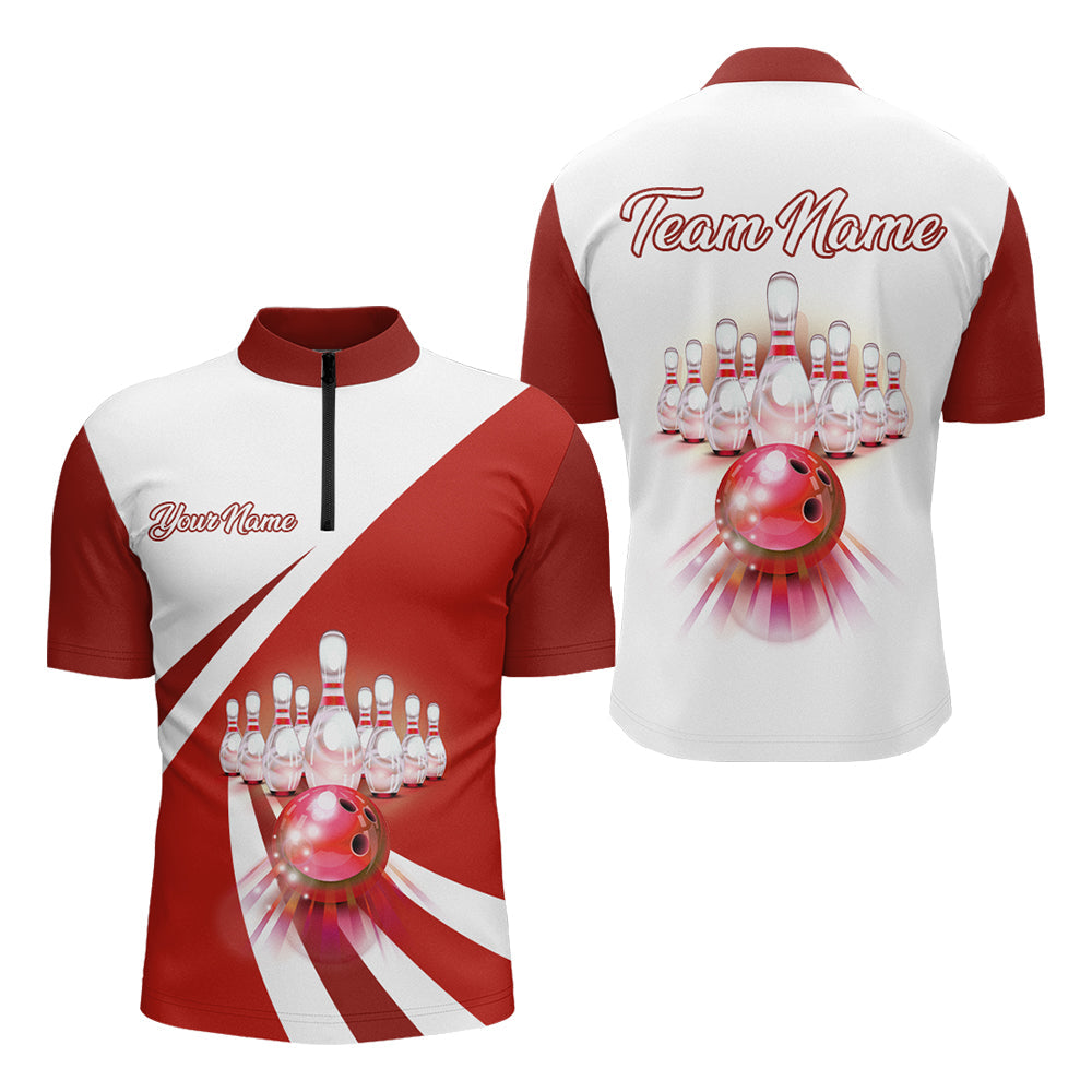 Bowling Customized Jersey White Red Shirt Rolling Bowling Tenpin Quarter Zip Shirt, Outfit For Bowlers, Bowling Team