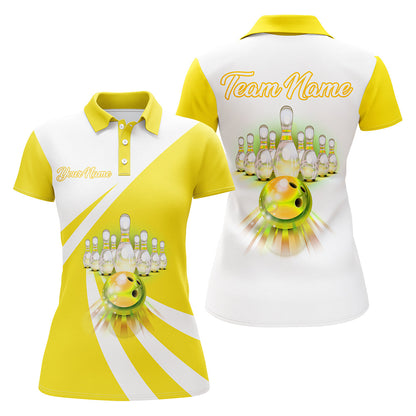 Bowling Customized Jersey White Yellow Shirt Rolling Bowling Tenpin Quarter Zip Shirt, Outfit For Bowlers, Bowling Team