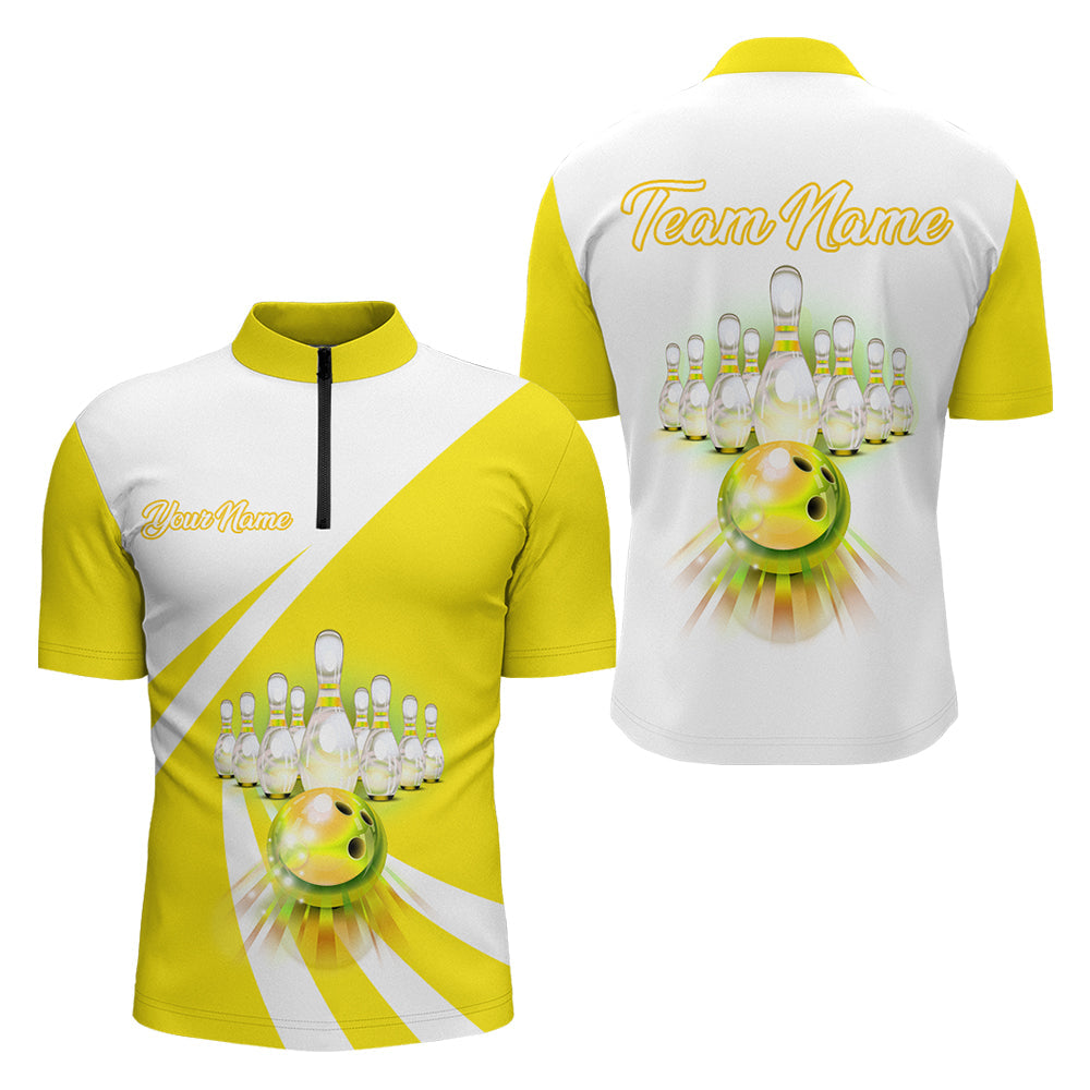 Bowling Customized Jersey White Yellow Shirt Rolling Bowling Tenpin Quarter Zip Shirt, Outfit For Bowlers, Bowling Team
