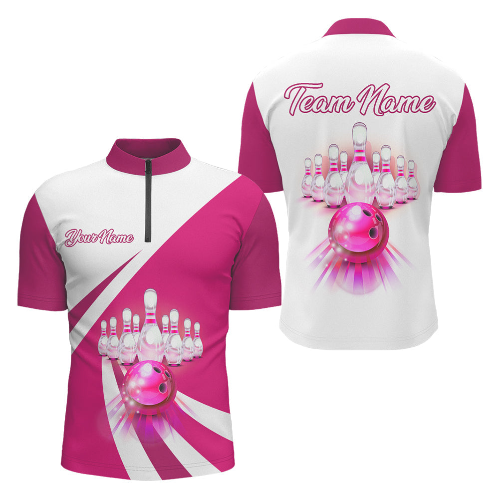 Bowling Customized Jersey White Pink Shirt Rolling Bowling Tenpin Quarter Zip Shirt, Outfit For Bowlers, Bowling Team