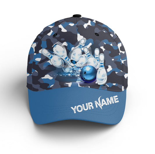 Customized Bowling Classic Cap, Blue Camo Pattern Bowling Hat For Men Women, Bowling Lovers, Bowlers, Team League