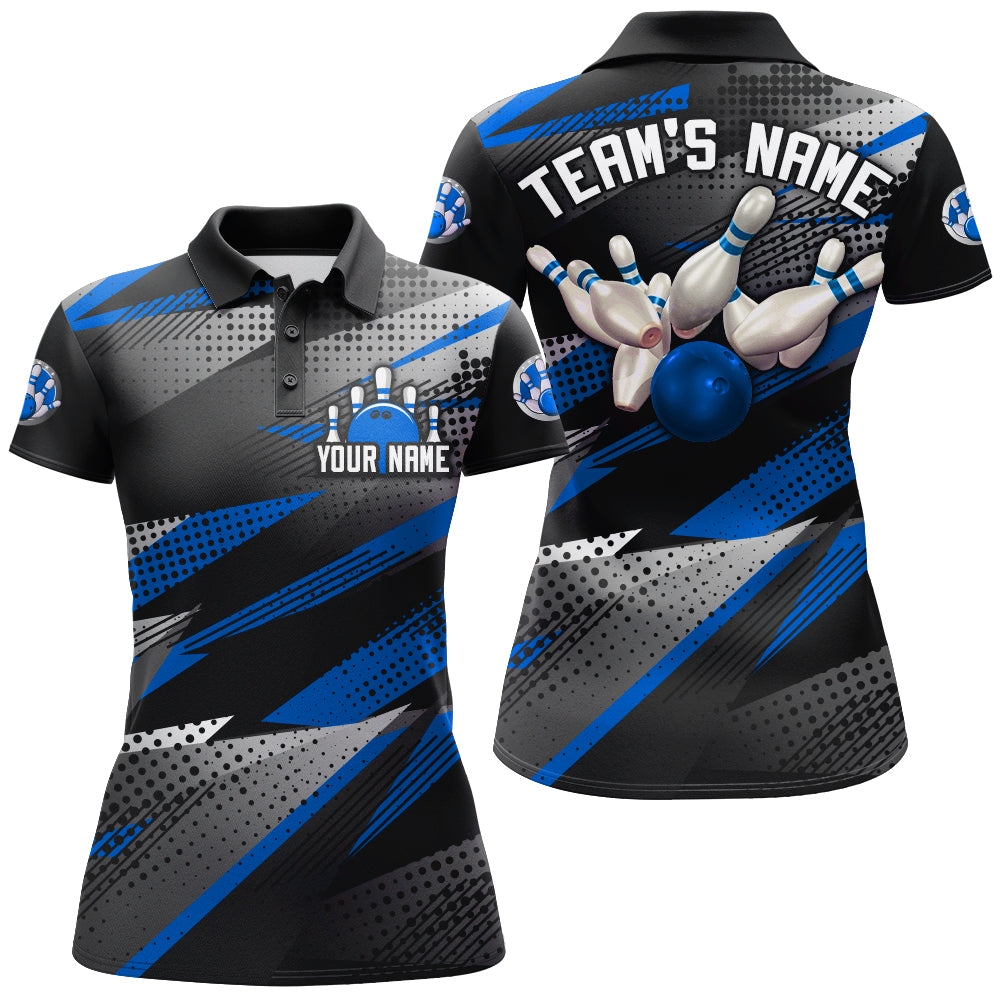 Bowling Customized Jersey Black Blue Shirt Geometric Pattern Bowling Tenpin Quarter Zip Shirt For Bowlers, Bowling Team